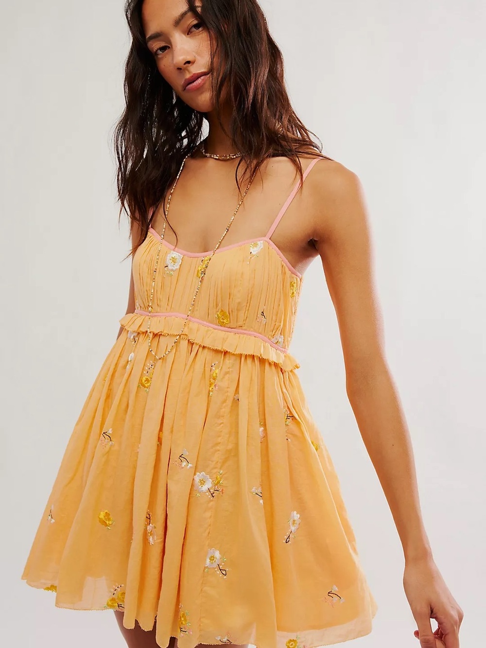 Free People Alana Babydoll Floral Embroidered Orange Mini Sundress